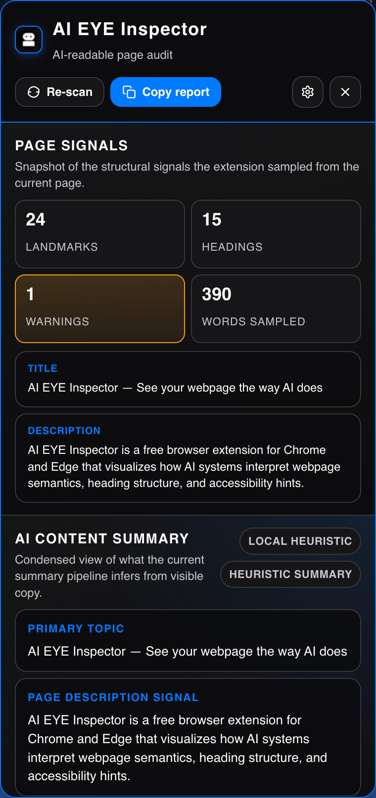 AI EYE Inspector panel open on a webpage, showing semantic element highlights, heading hierarchy tree, and AI summary